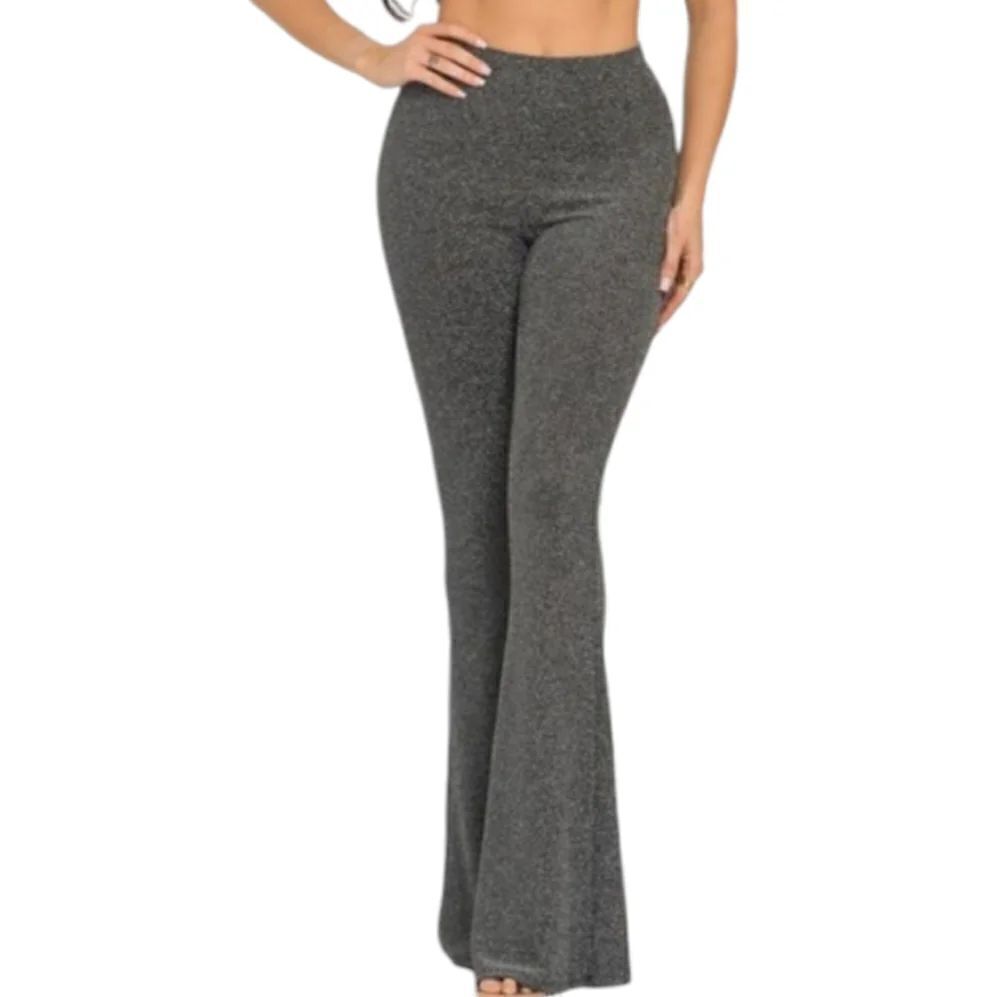 Lurex Flared Long Pants Bell Bottom Silver Gray Glitter Knit Jersey - Picture 5 of 13